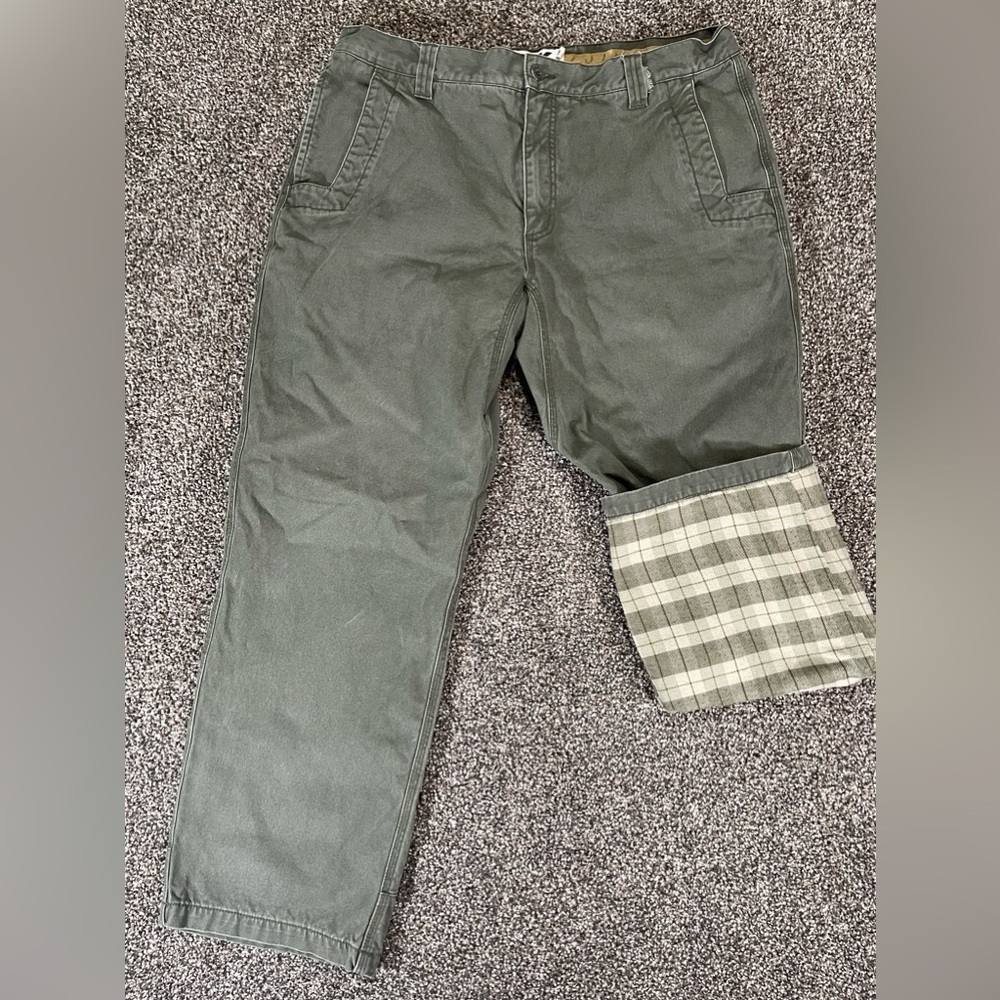 Mountain Khakis Men’s 38x30 Plaid Flannel Lined Outdoor Pants Denim Olive Green